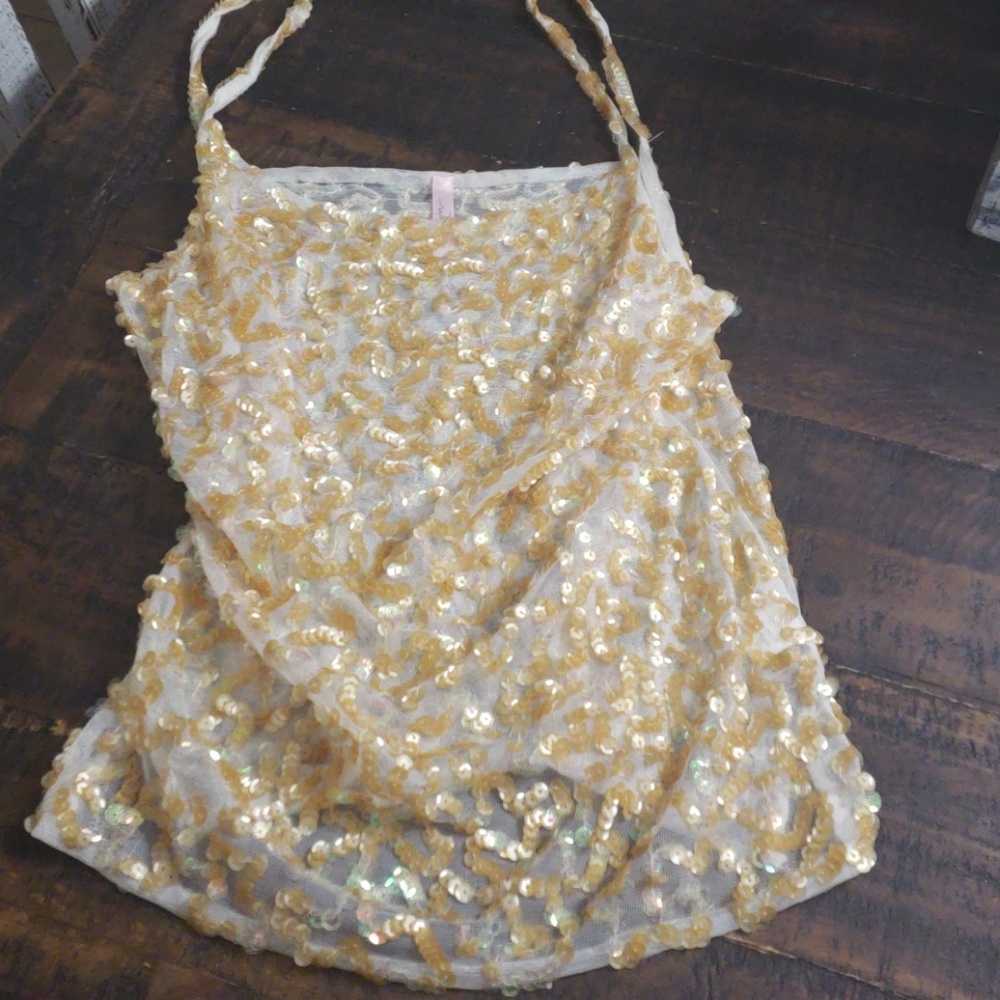 With love gold sheer sequin tank.